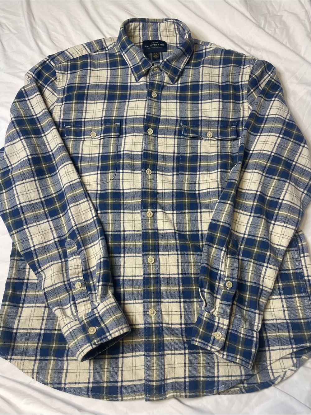 Lucky Brand Men’s Large Blue Cream Plaid Stretch Cotton Flannel Shirt